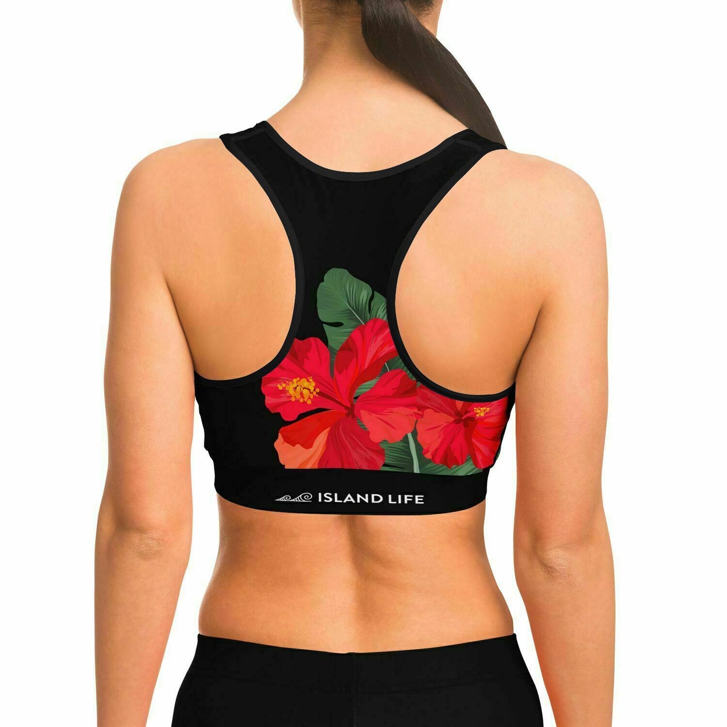 Guam Red Black Hibiscus Paradise Sports Bra