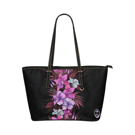 Guam Vintage Purple Hibiscus Medium Leather Tote Purse
