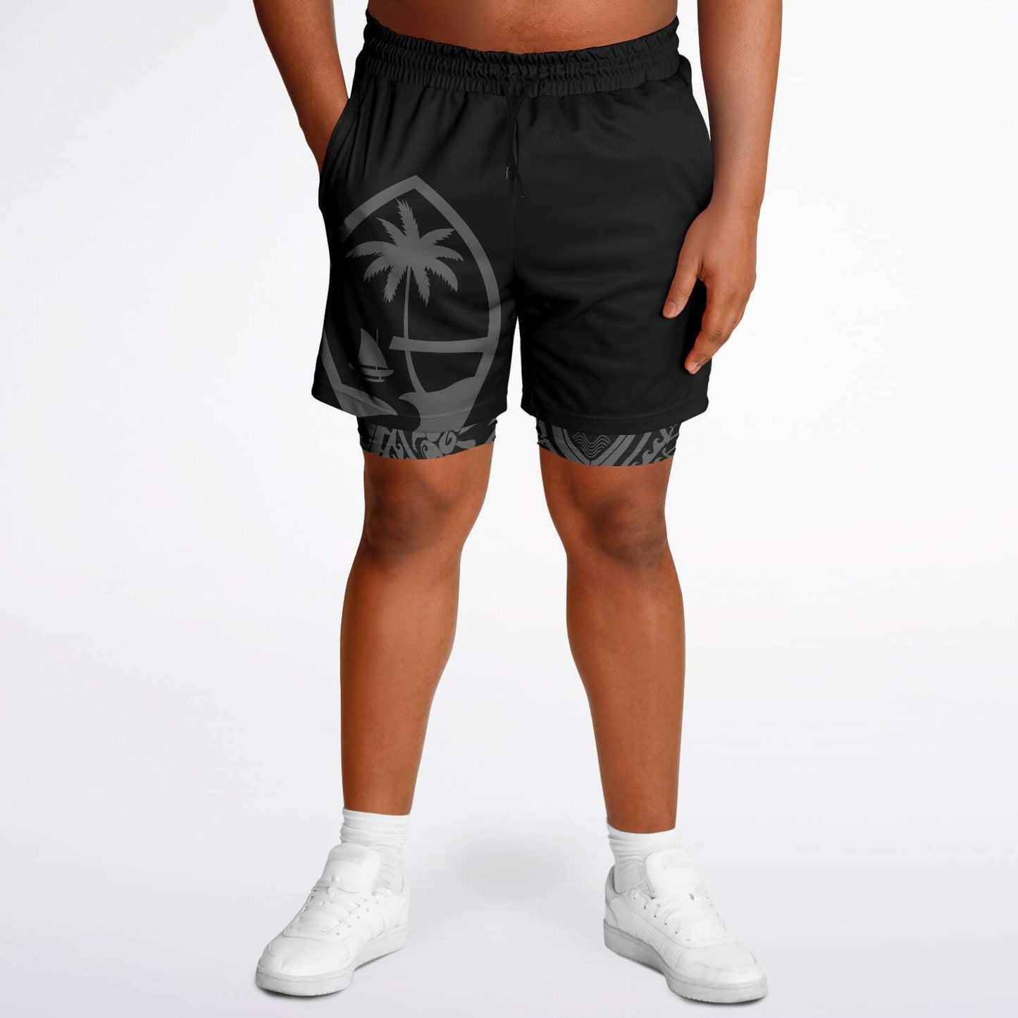 Guam Tribal Layer Black 2-in-1 Phone Pocket Active Shorts