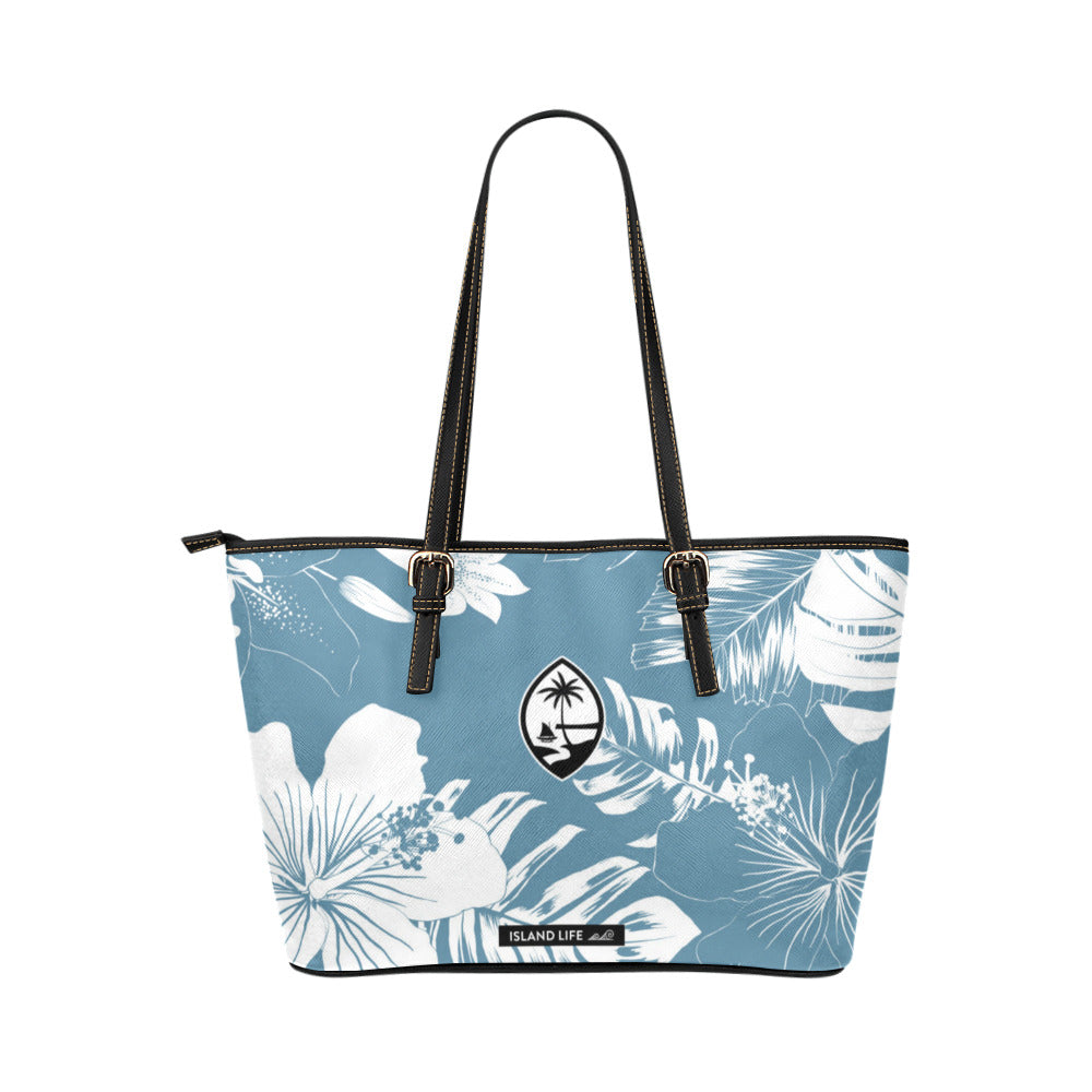 Guam Hibiscus Floral Slate Blue Large Leather Tote Purse