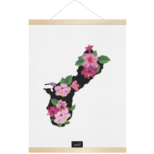Guam Island Hibiscus Fuchsia Black Hanging Canvas Poster with Wood Frame