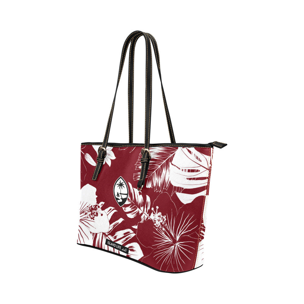 Guam Hibiscus Floral Dark Red Medium Leather Tote Purse