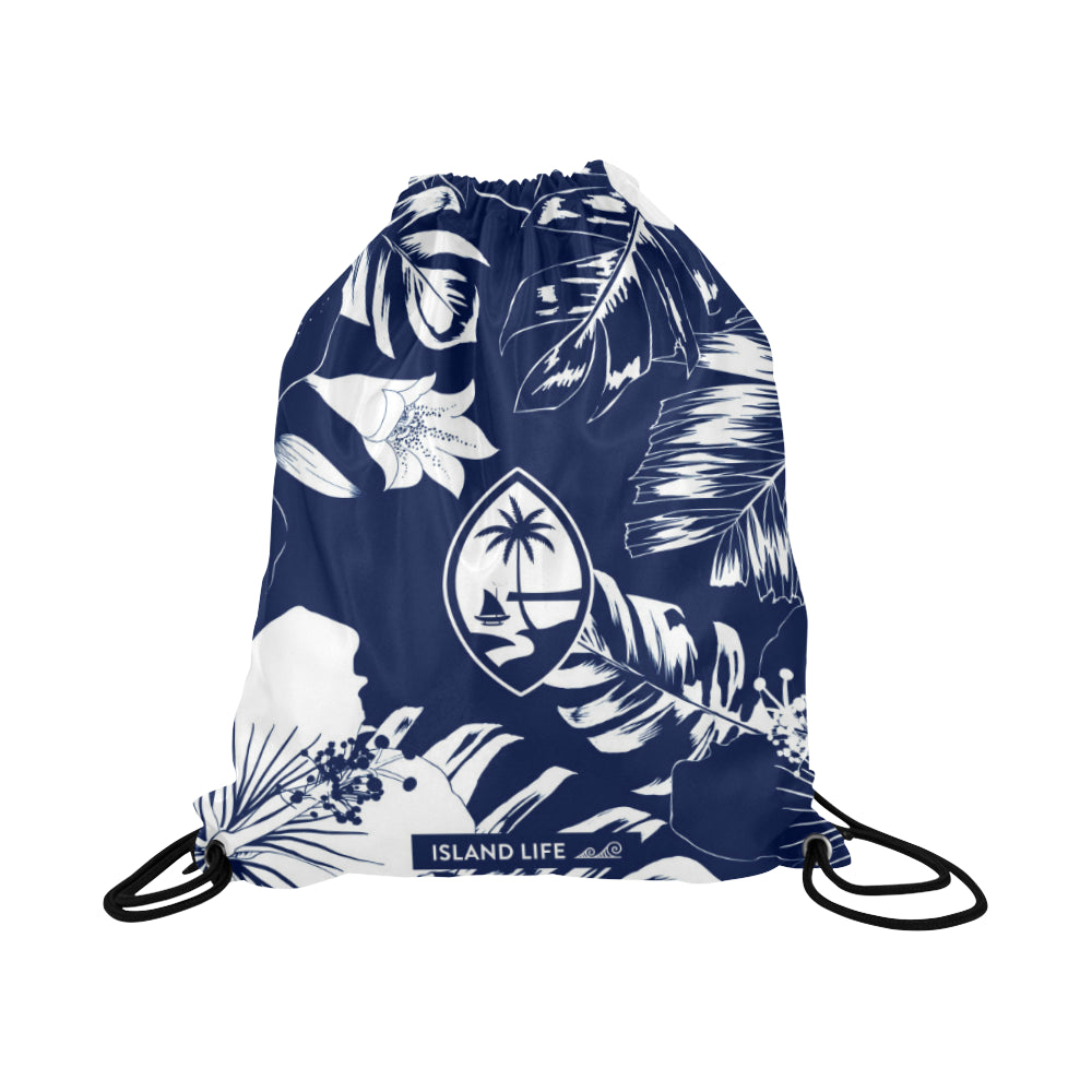 Guam Blue Floral Large Drawstring Bag