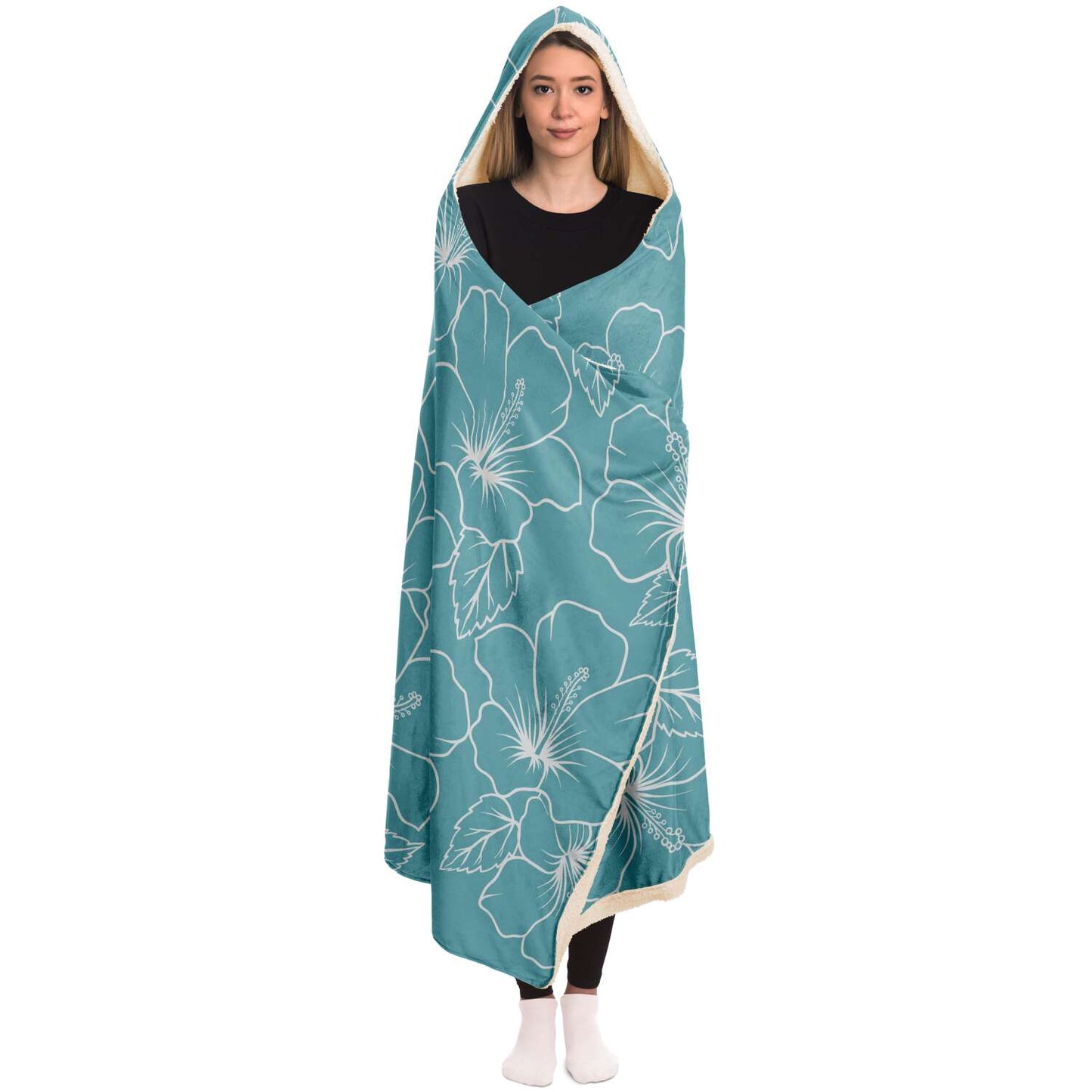 Guam Modern Hibiscus Teal Premium Sherpa Hooded Blanket