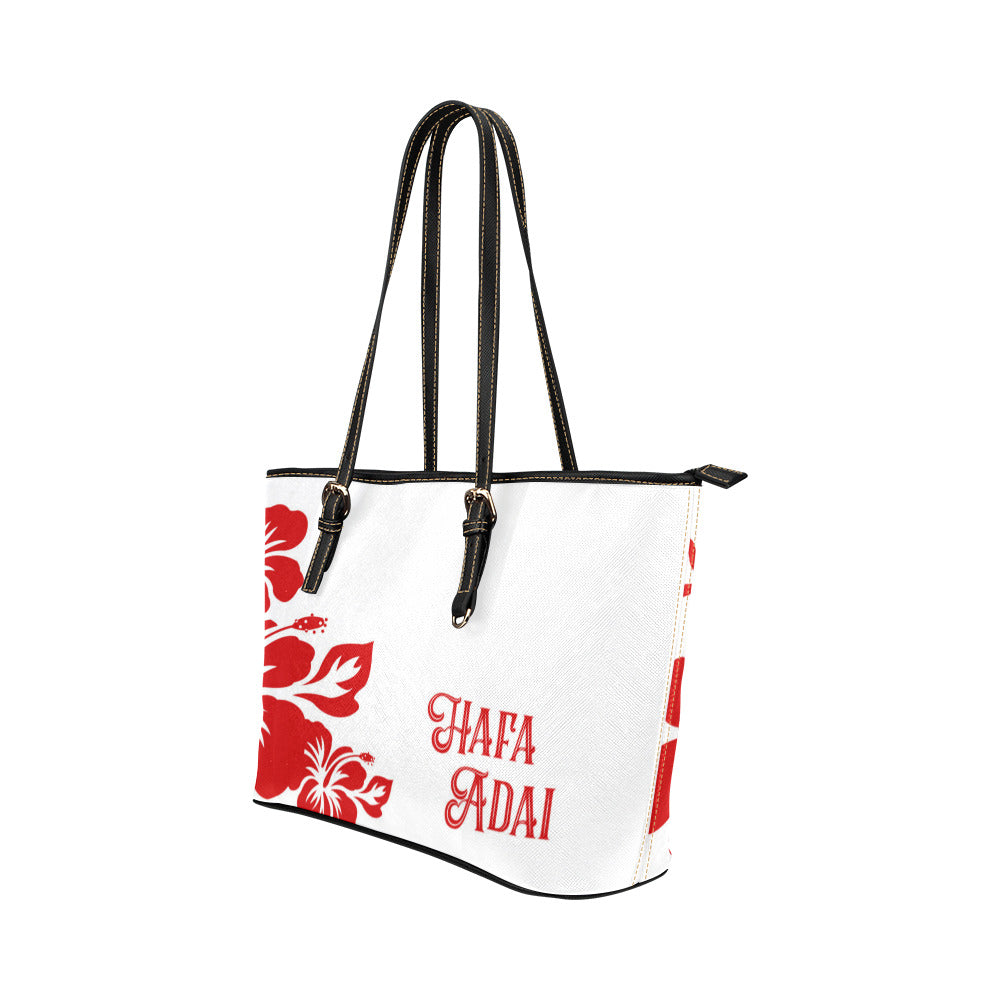 Hafa Adai Red and White Hibiscus Guam Tinian Saipan Rota Leather Tote Purse