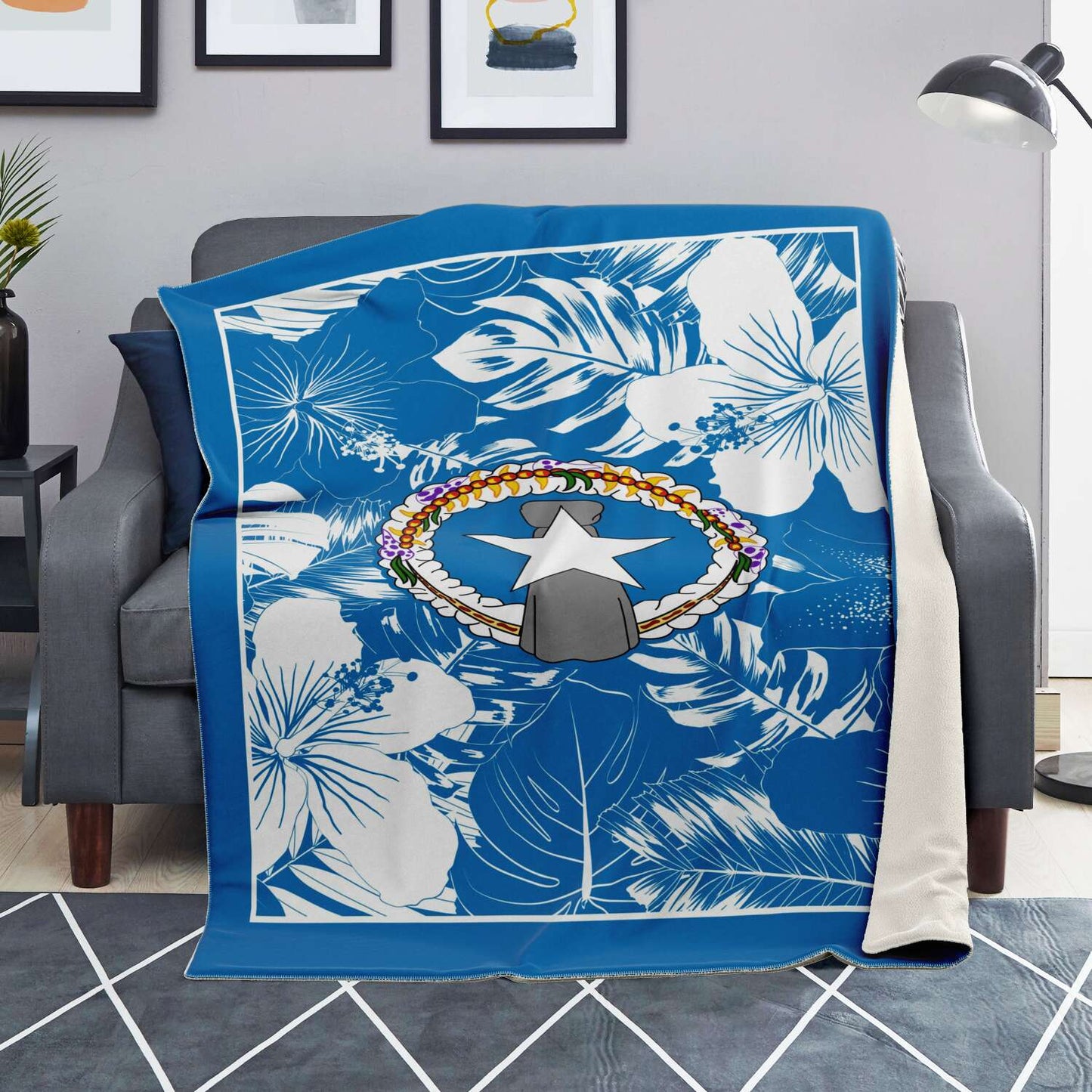 CNMI Seal Hibiscus Blue Microfleece Blanket