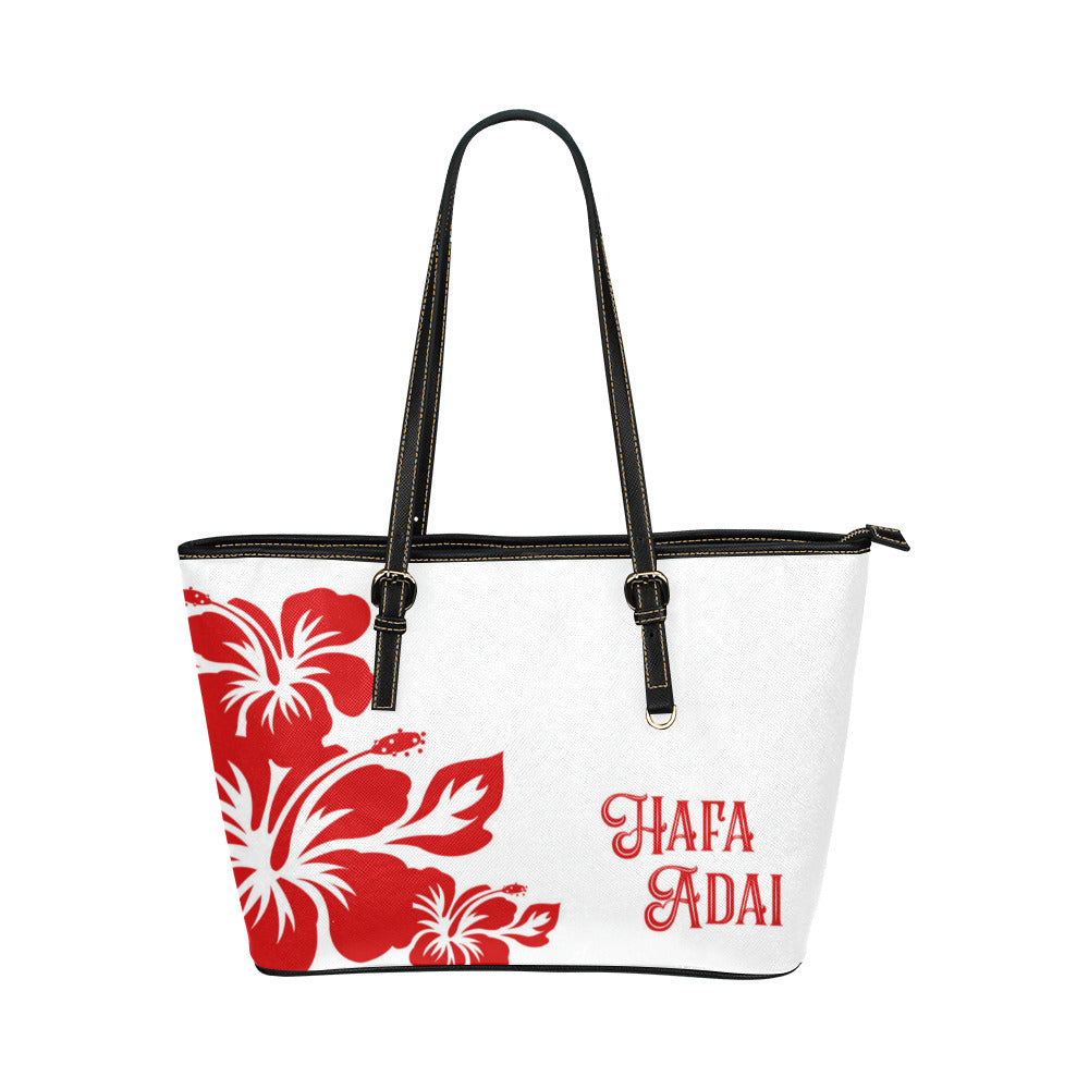 Hafa Adai Red and White Hibiscus Guam Tinian Saipan Rota Leather Tote Purse