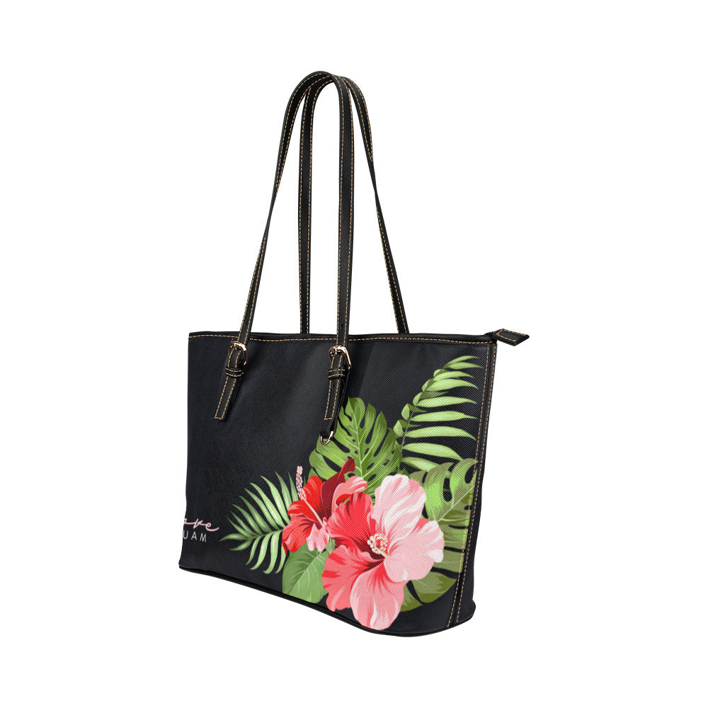 Love Guam Hibiscus Black Large Leather Tote Purse