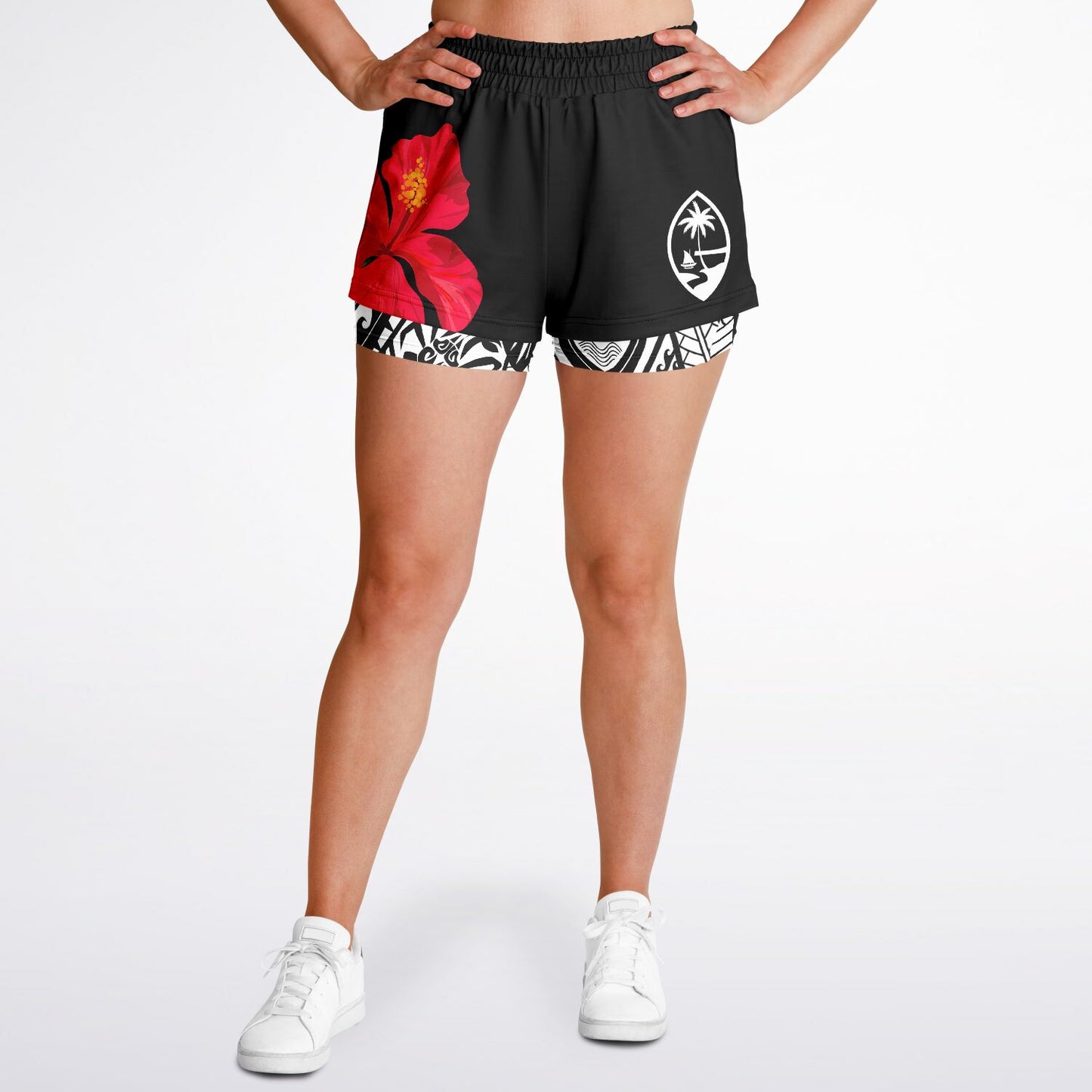 Guam Red Hibiscus Paradise Layer 2-in-1 Phone Pocket Active Shorts