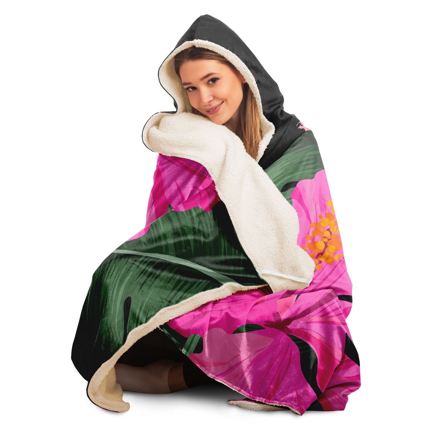 Guam Pink Hibiscus Paradise Black Premium Sherpa Hooded Blanket