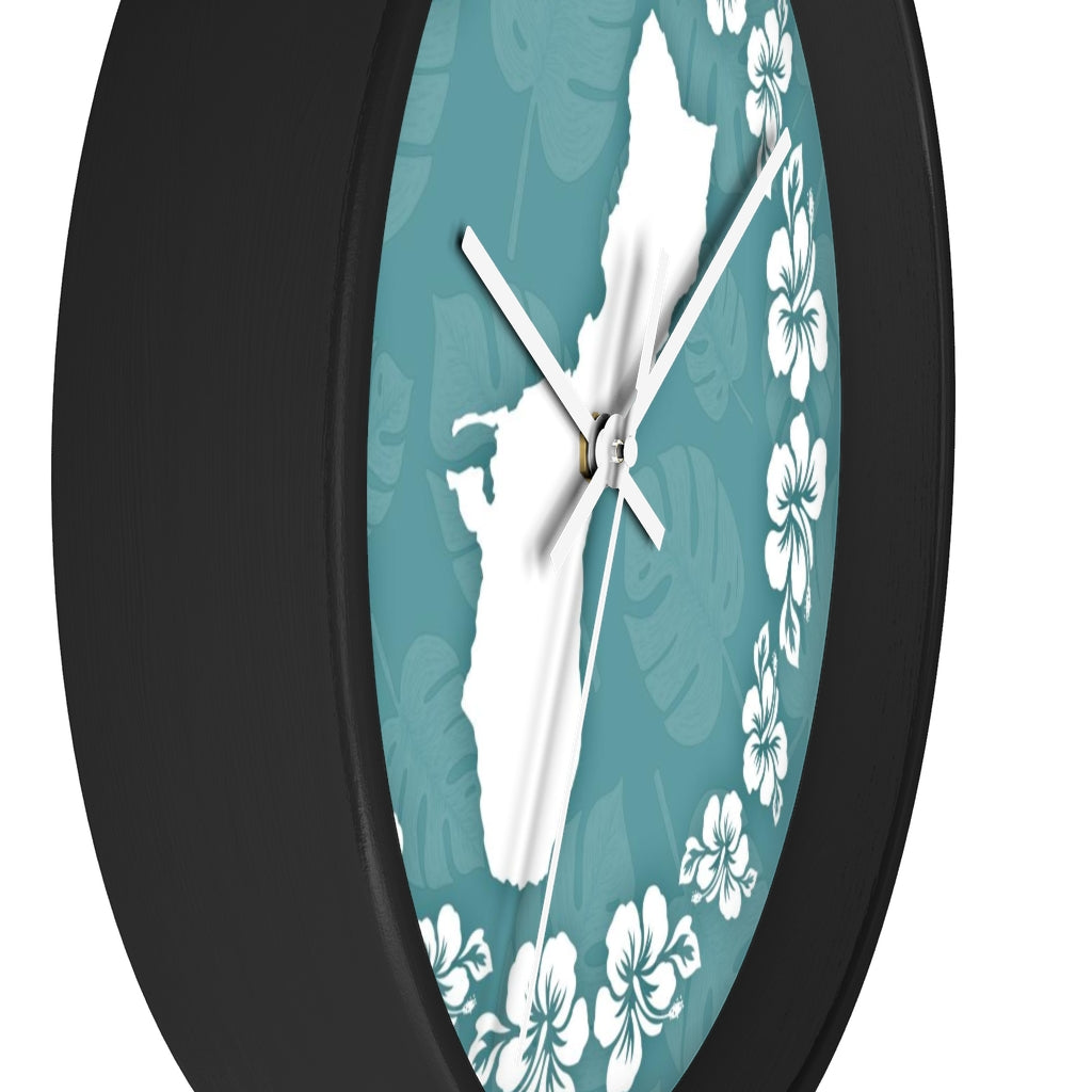 Guam Shape Teal Hibiscus Wall Clock