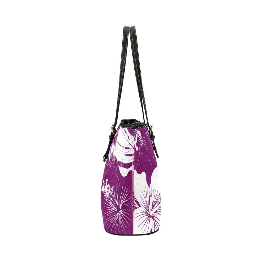 Guam Hibiscus Floral Purple Medium Leather Tote Purse