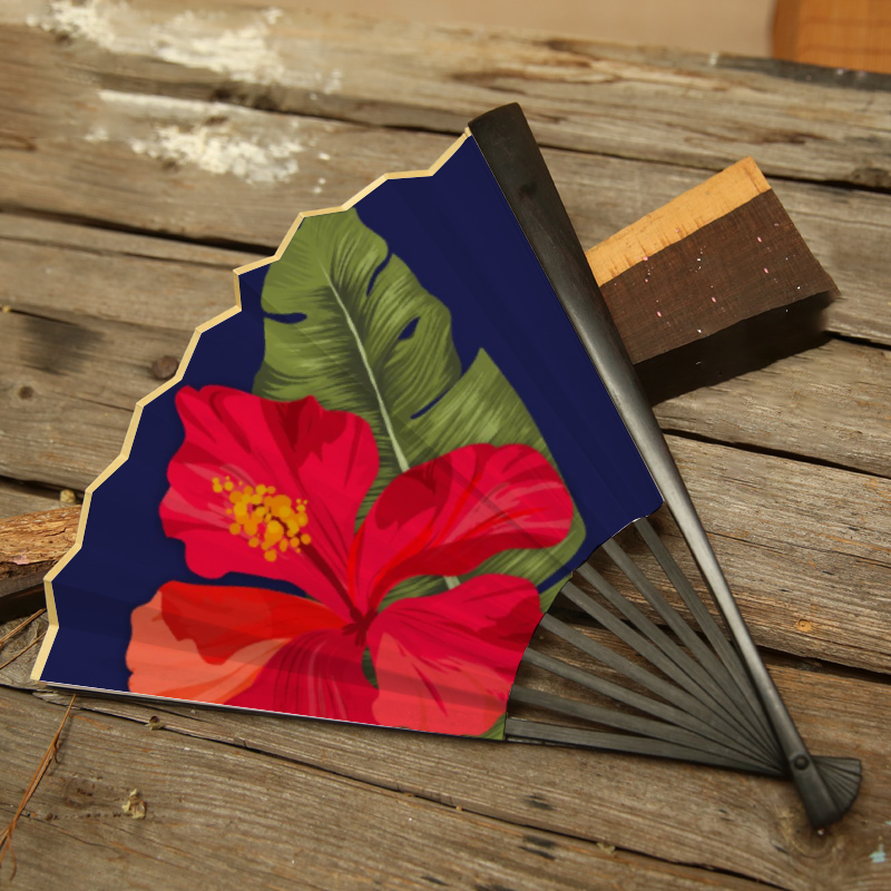 Guam Seal Hibiscus Paradise Spun Silk Folding Fan
