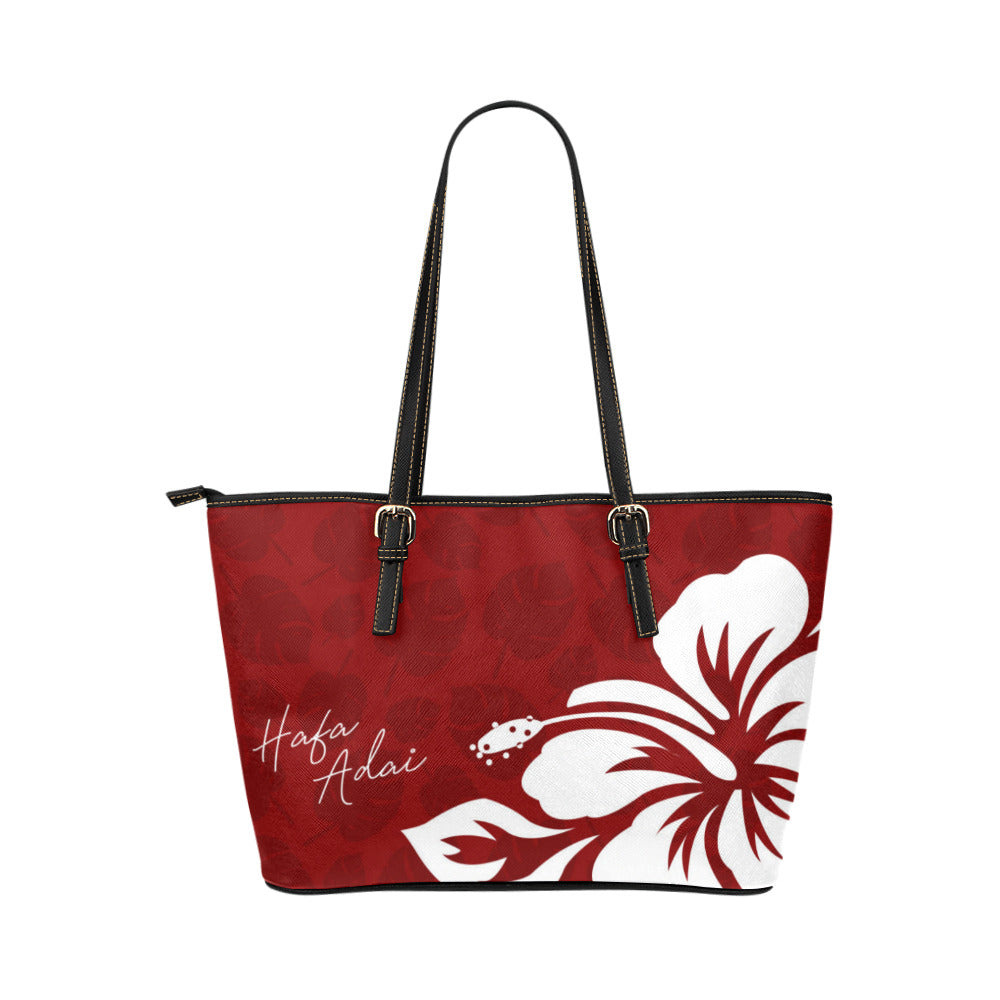 Hafa Adai Guam CNMI Dark Red Hibiscus Large Leather Tote Purse
