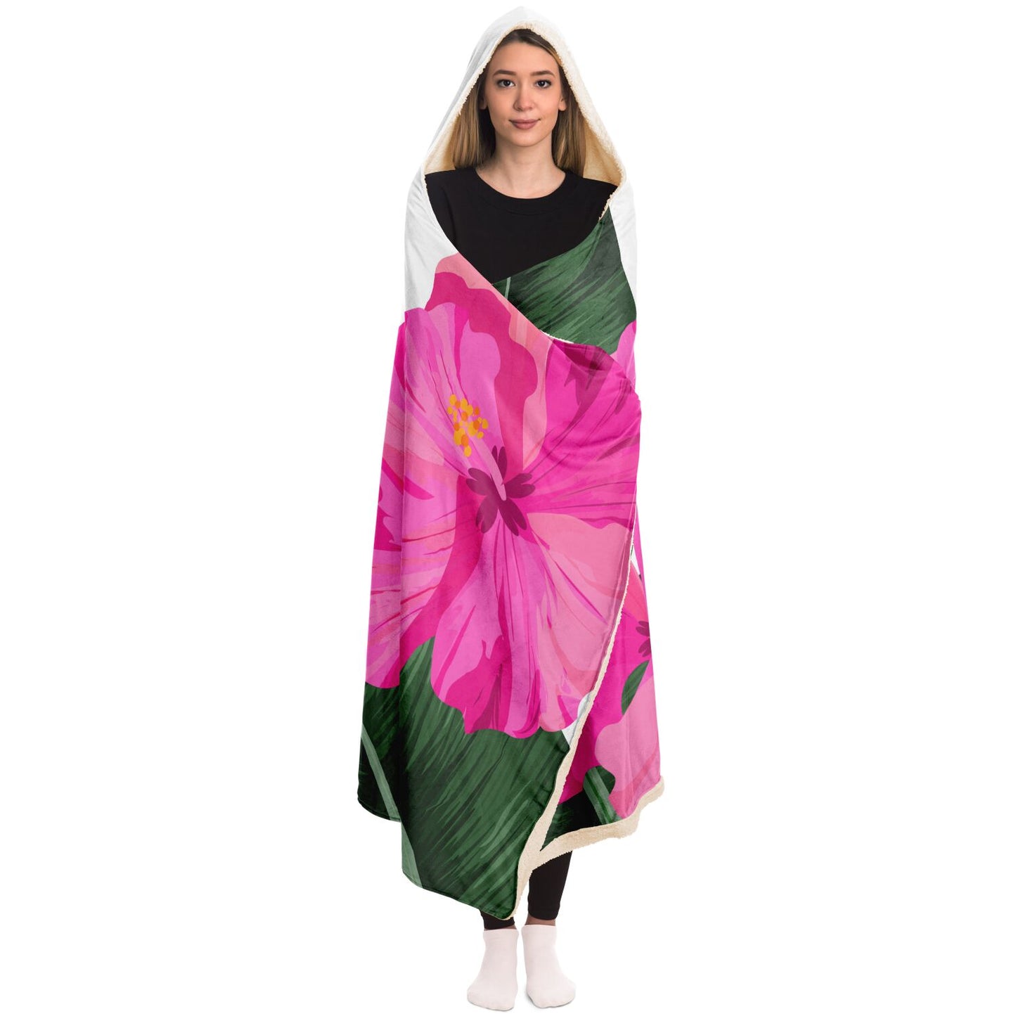 Guam Pink Hibiscus Paradise White Premium Sherpa Hooded Blanket
