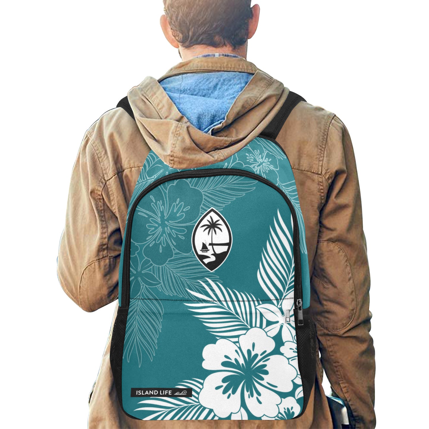 Guam Tropical Hibiscus Harbor Blue Laptop Side Pockets Backpack