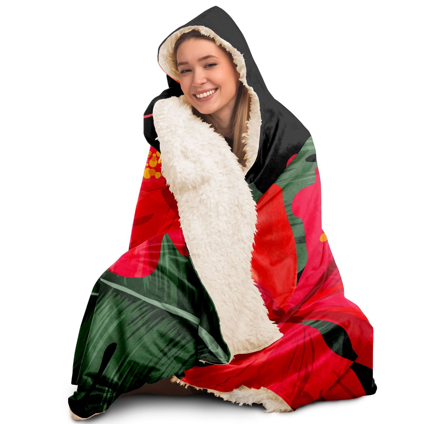 Guam Red Hibiscus Paradise Black Premium Sherpa Hooded Blanket