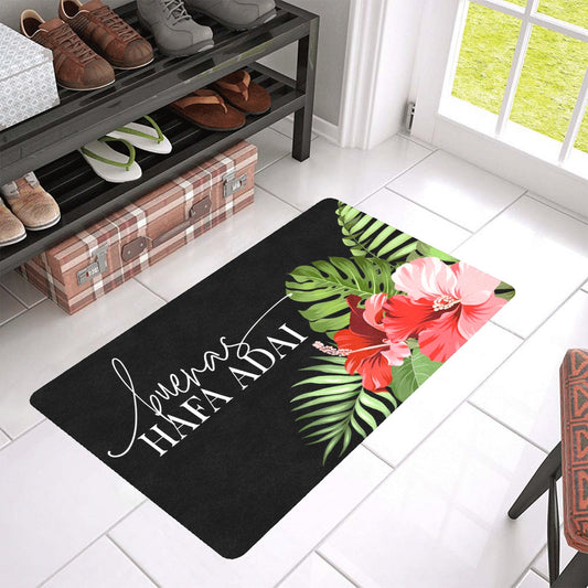 Buenas Hafa Adai Hibiscus Black Chamorro Guam CNMI Doormat 30"x18"