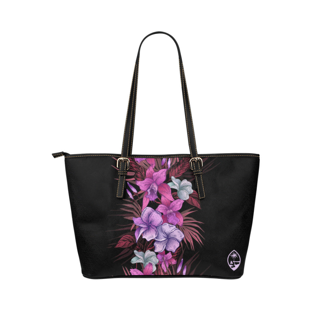 Guam Vintage Purple Hibiscus Large Leather Tote Purse