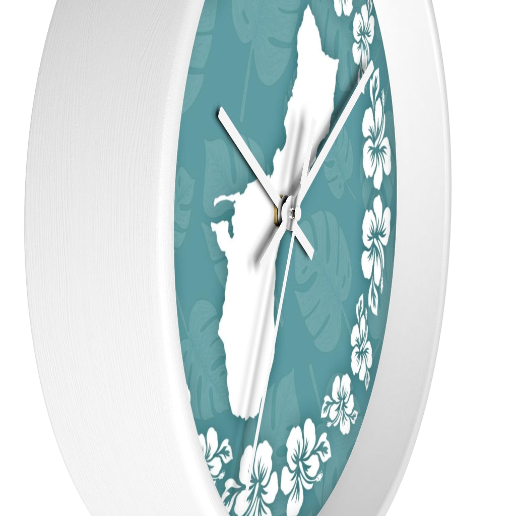 Guam Shape Teal Hibiscus Wall Clock
