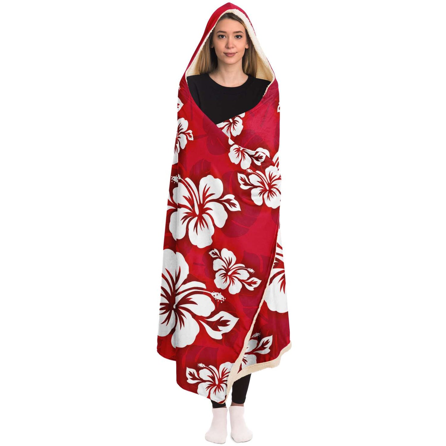Guam Classic Red Hibiscus Premium Sherpa Hooded Blanket