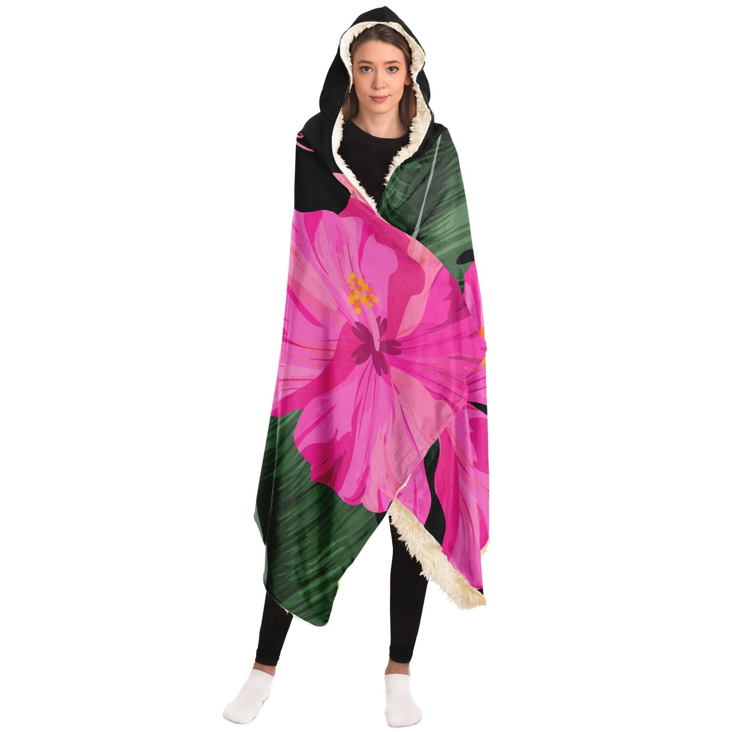 Guam Pink Hibiscus Paradise Black Premium Sherpa Hooded Blanket