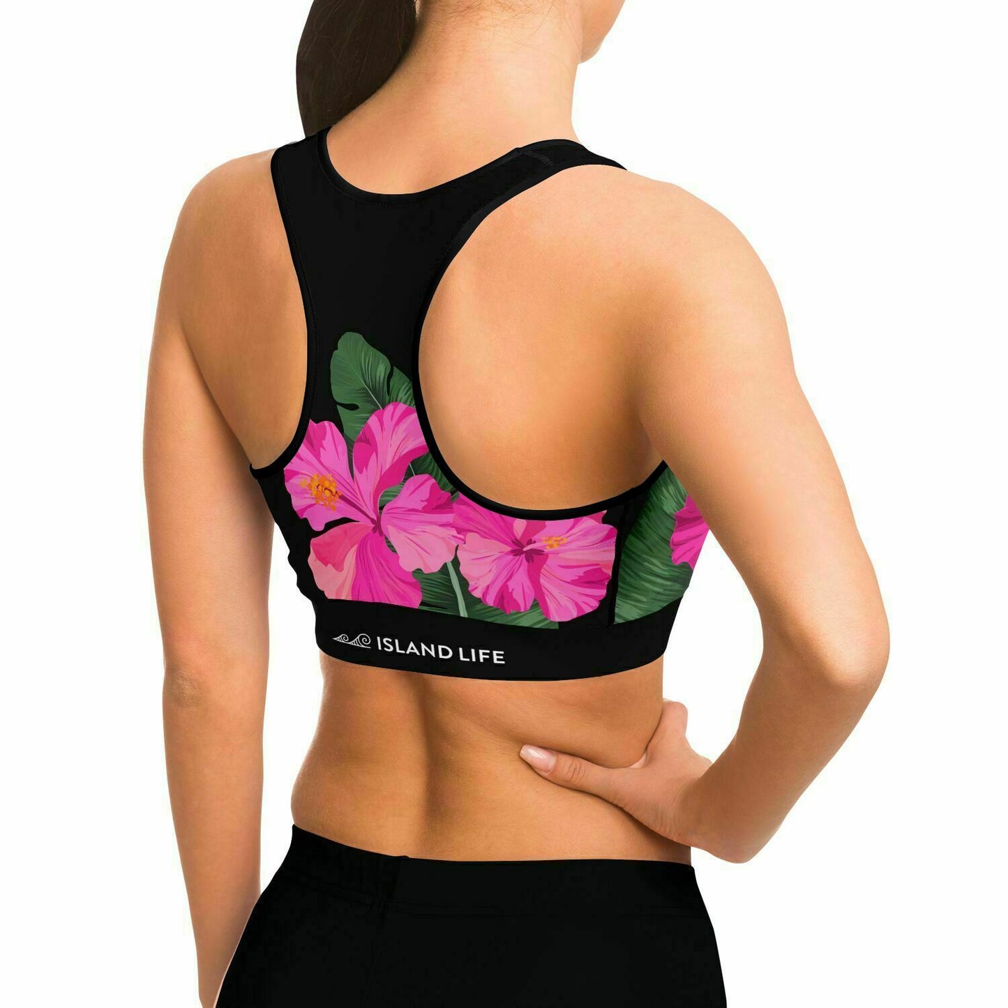 Guam Pink Black Hibiscus Paradise Sports Bra