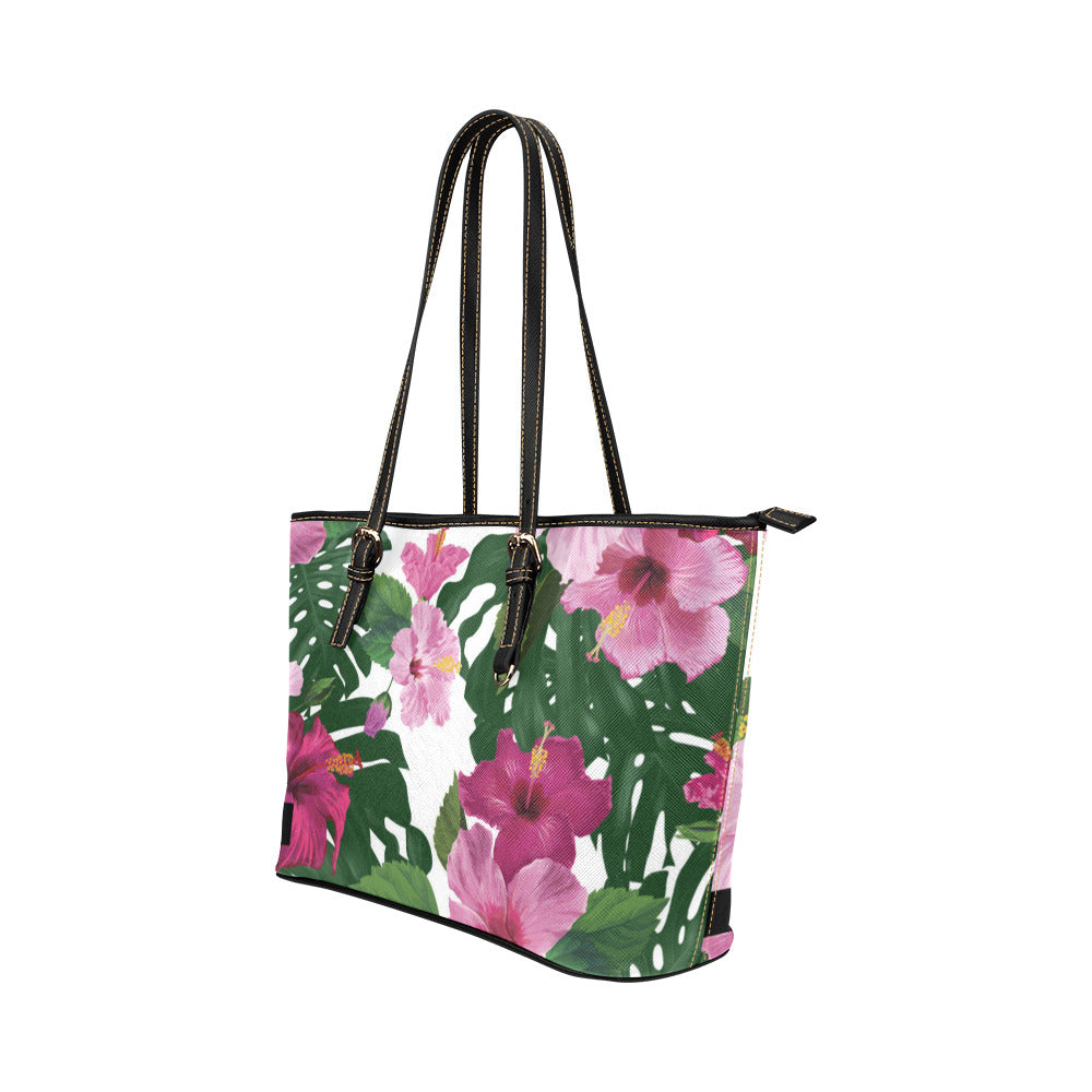 Guam CNMI Hibiscus Fuchsia Large Leather Tote Purse