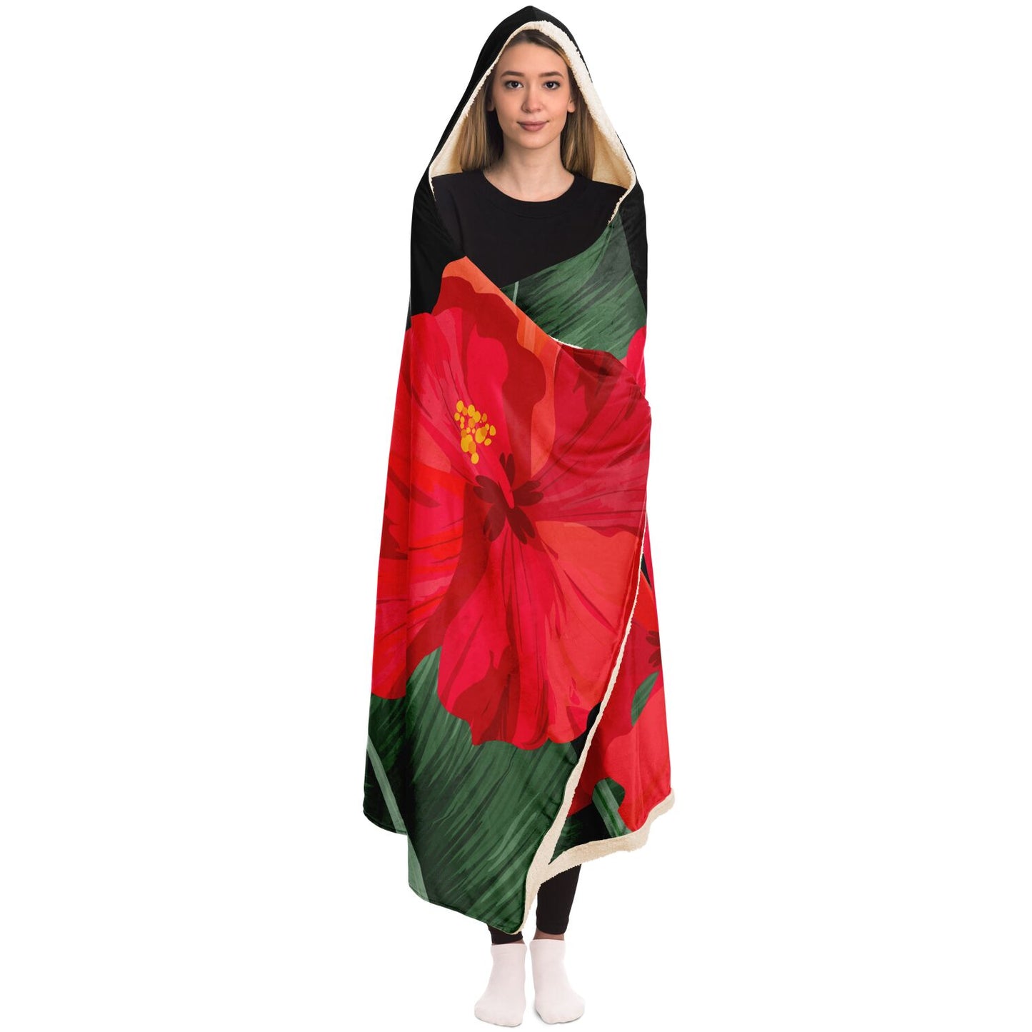 Guam Red Hibiscus Paradise Black Premium Sherpa Hooded Blanket