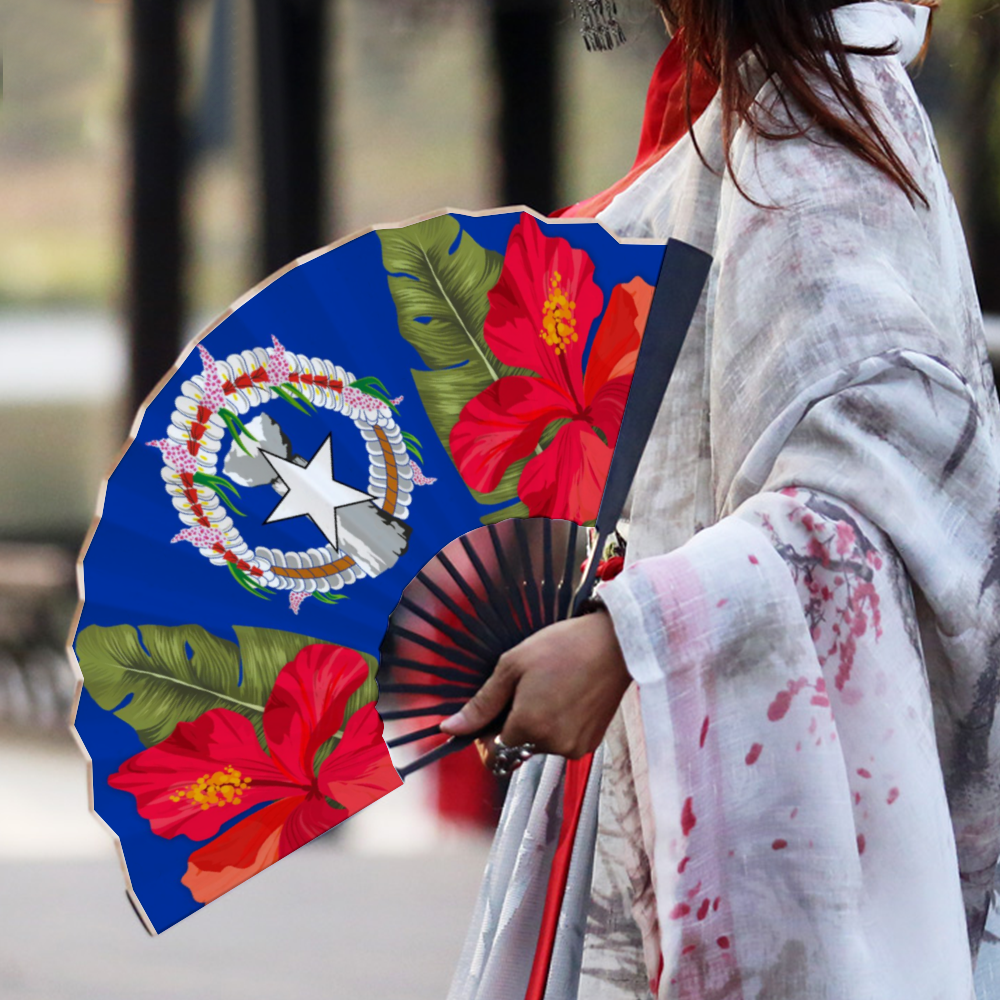 CNMI Seal Hibiscus Paradise Spun Silk Folding Fan