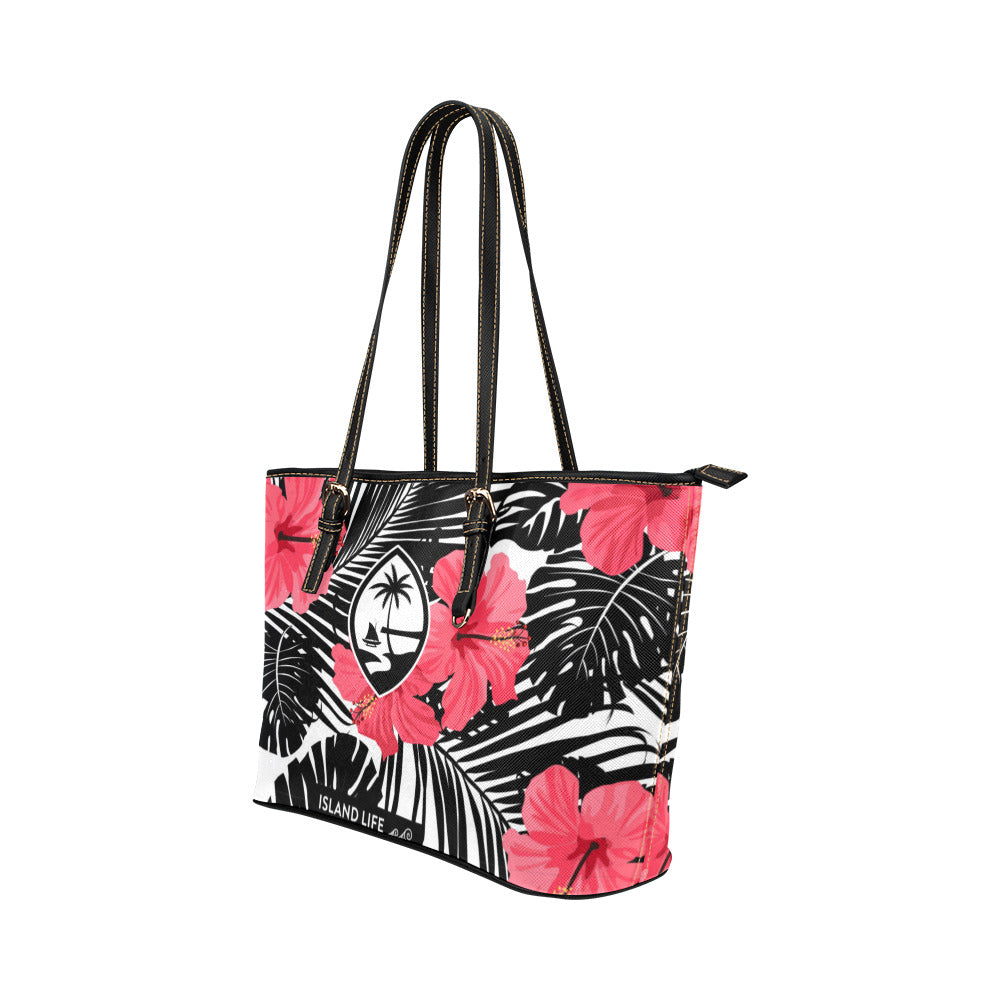 Guam Pink Black Hibiscus Leaves Large Tote Purse