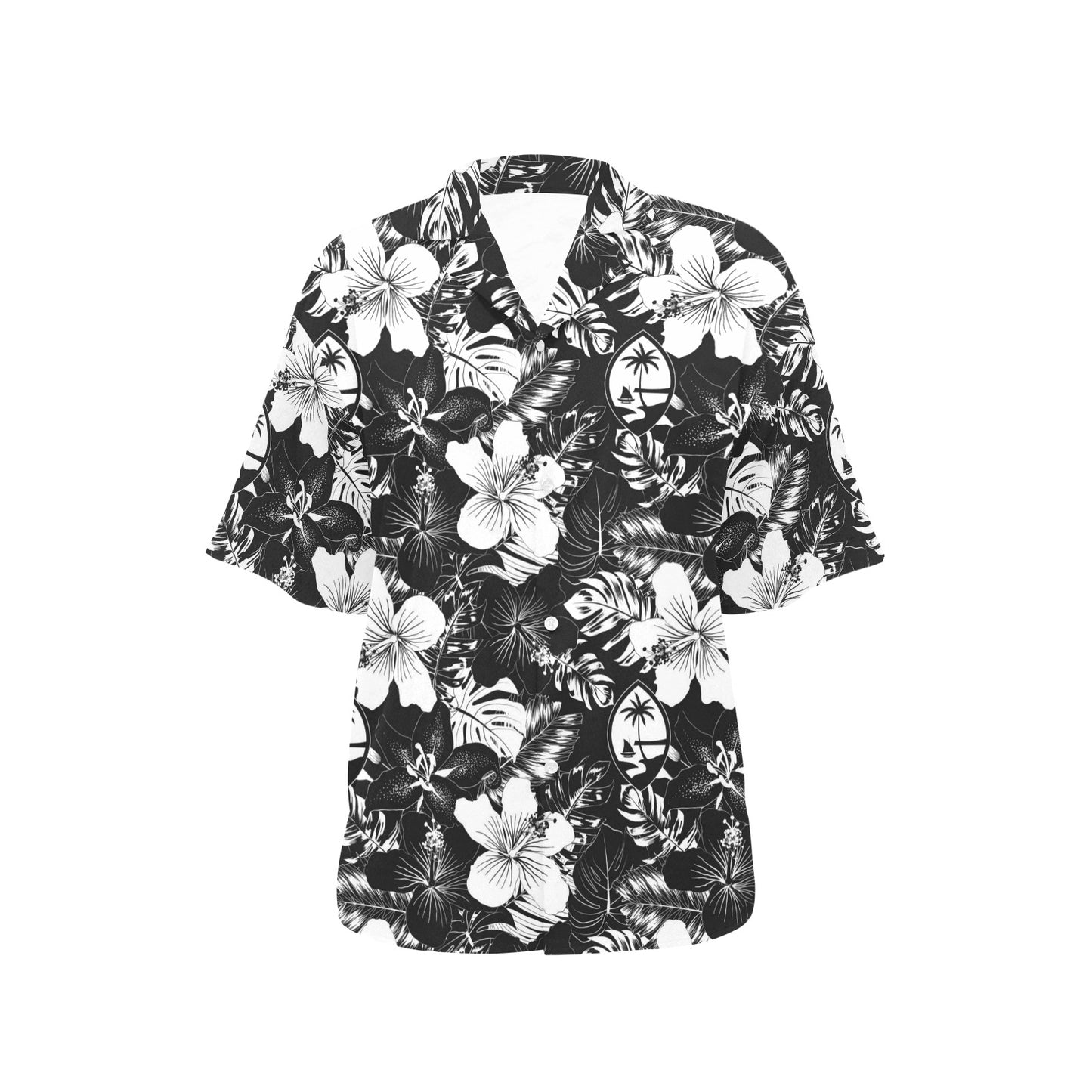 Guam Black Hibiscus Women's Button Down Hawaiian Shirt