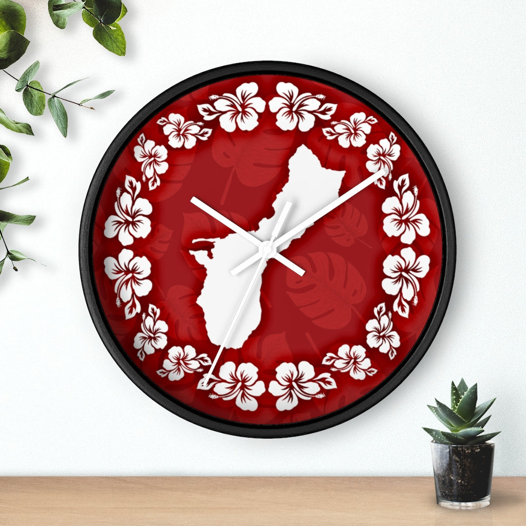 Guam Shape Red Hibiscus Wall Clock