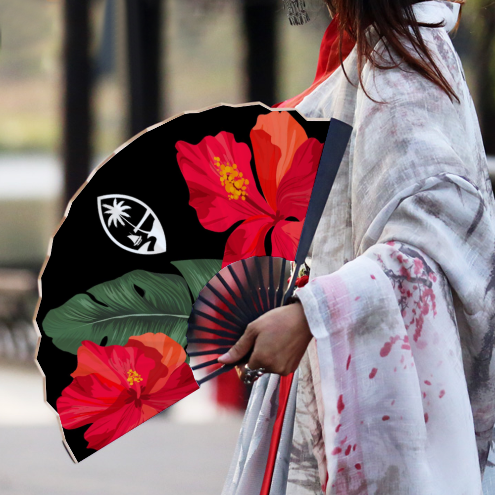 Guam Hibiscus Paradise Black Spun Silk Folding Fan
