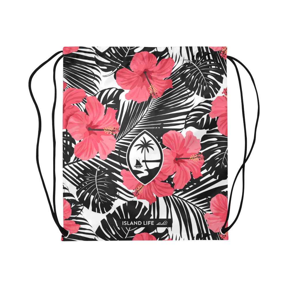 Guam Pink Black Hibiscus Large Drawstring Bag