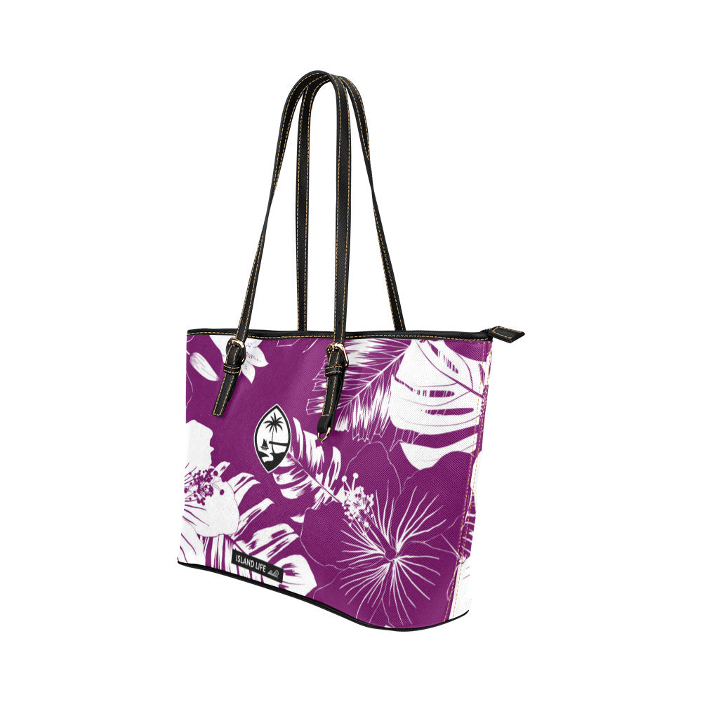 Guam Hibiscus Floral Purple Large Leather Tote Purse
