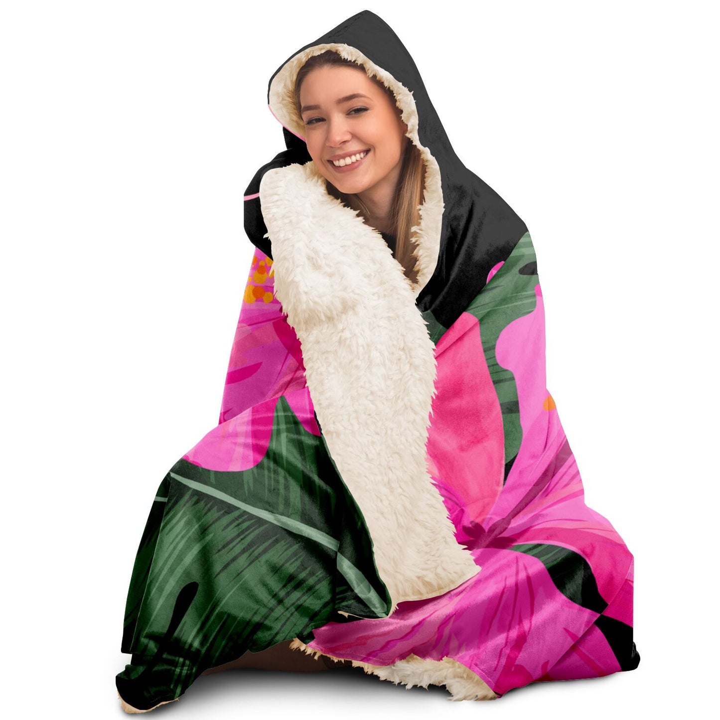 Guam Pink Hibiscus Paradise Black Premium Sherpa Hooded Blanket