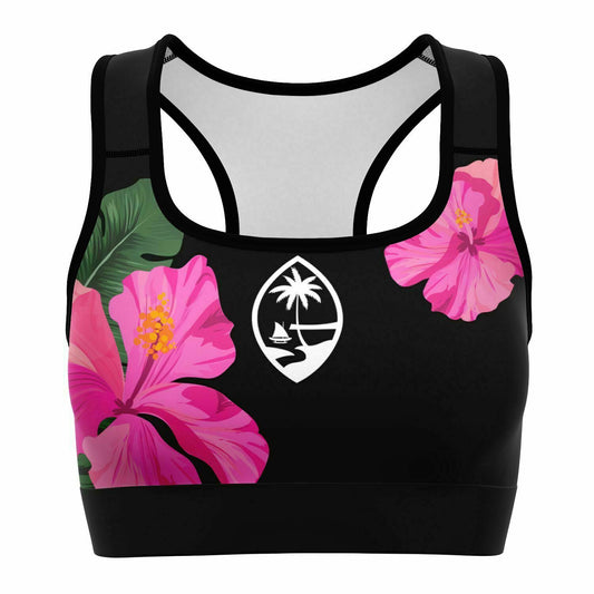 Guam Pink Black Hibiscus Paradise Sports Bra