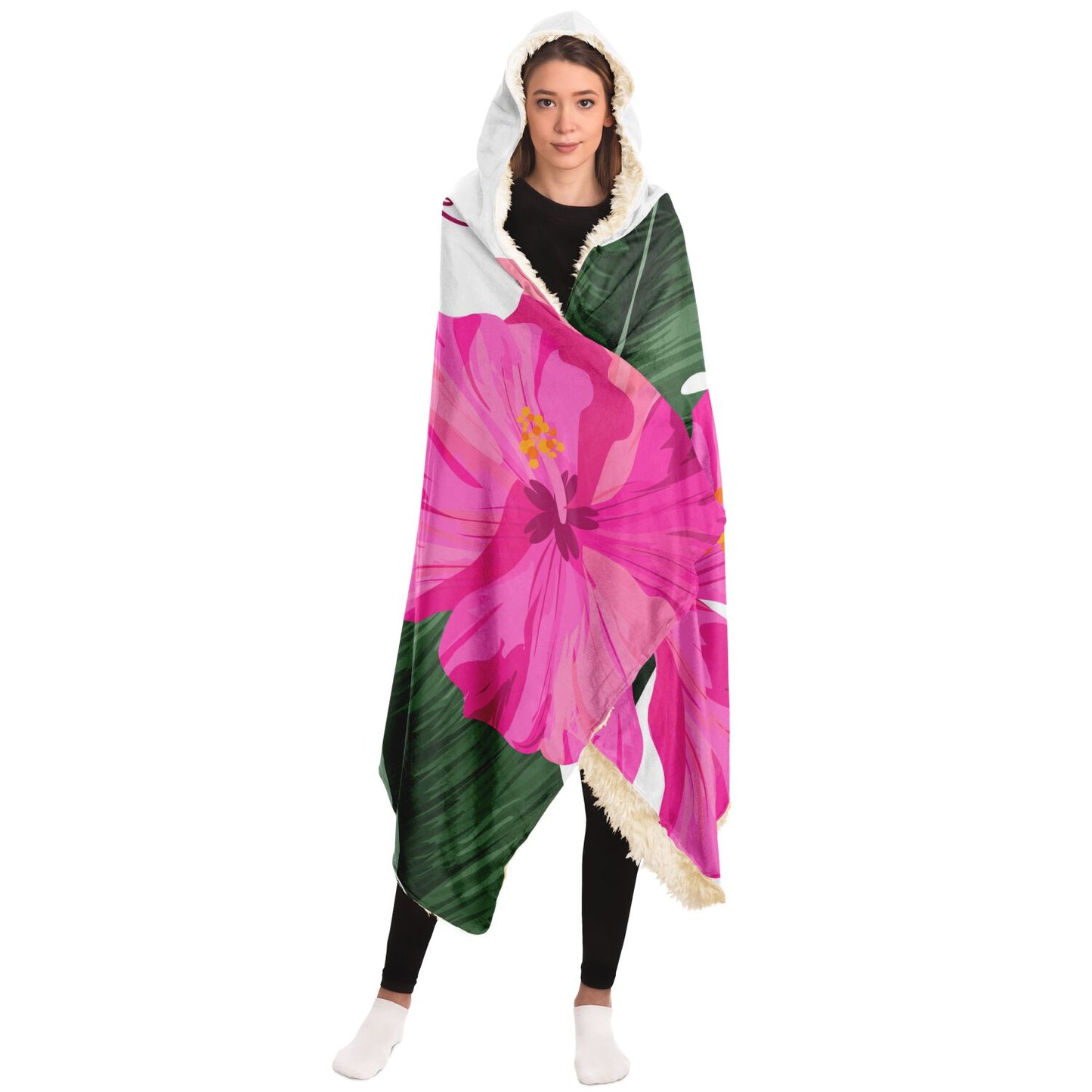 Guam Pink Hibiscus Paradise White Premium Sherpa Hooded Blanket
