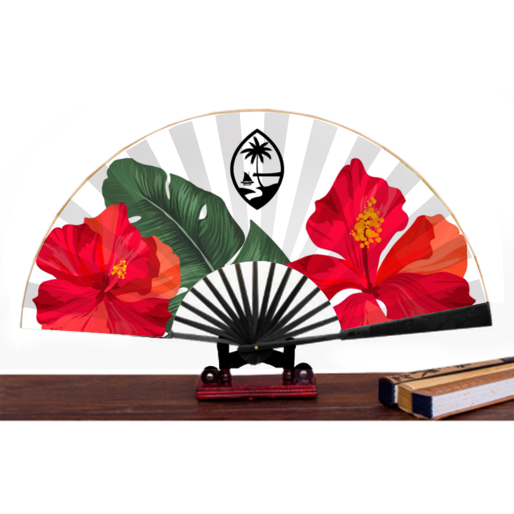 Guam Hibiscus Paradise White Spun Silk Folding Fan