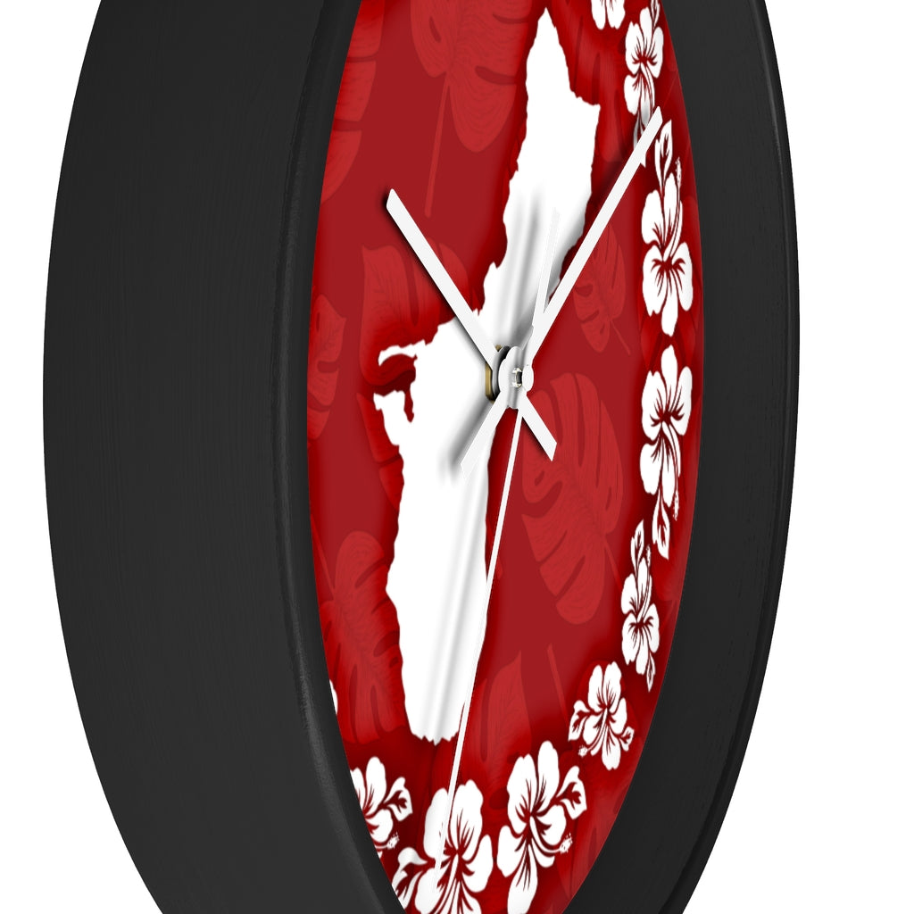 Guam Shape Red Hibiscus Wall Clock