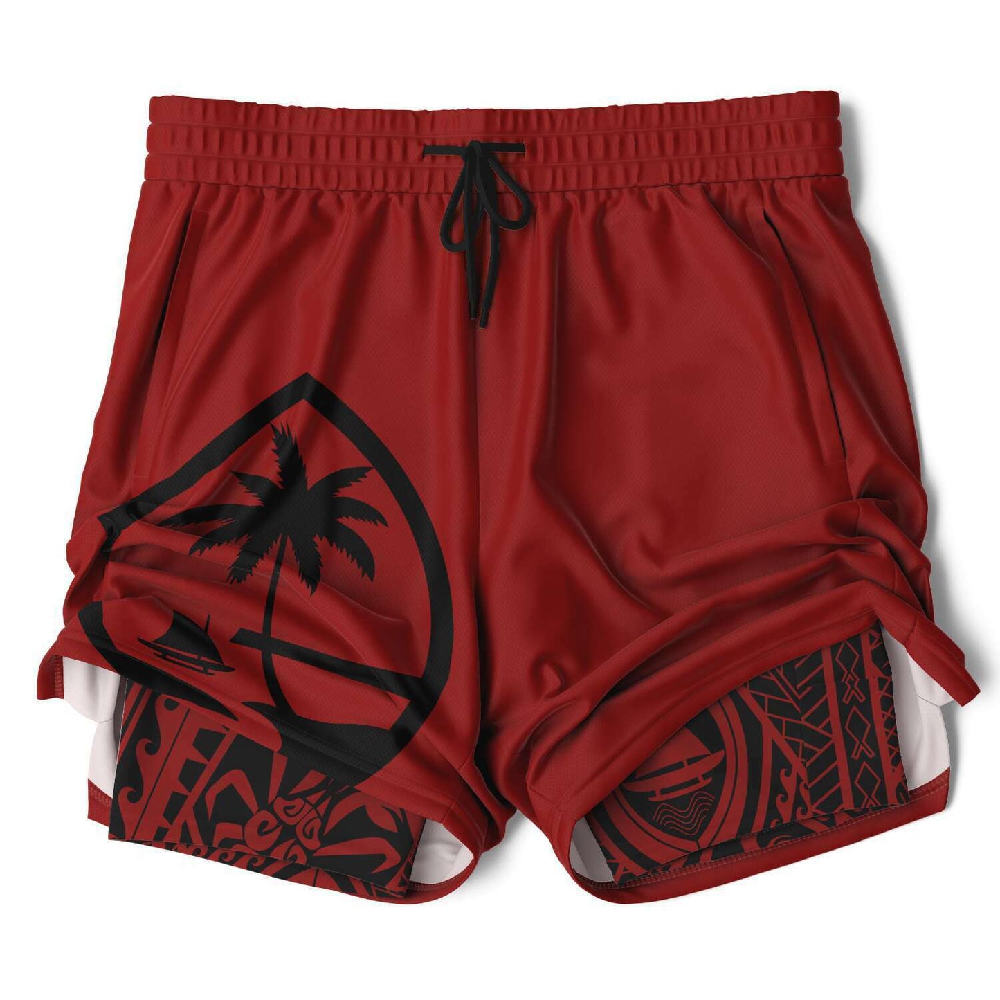 Guam Tribal Layer Red 2-in-1 Phone Pocket Active Shorts