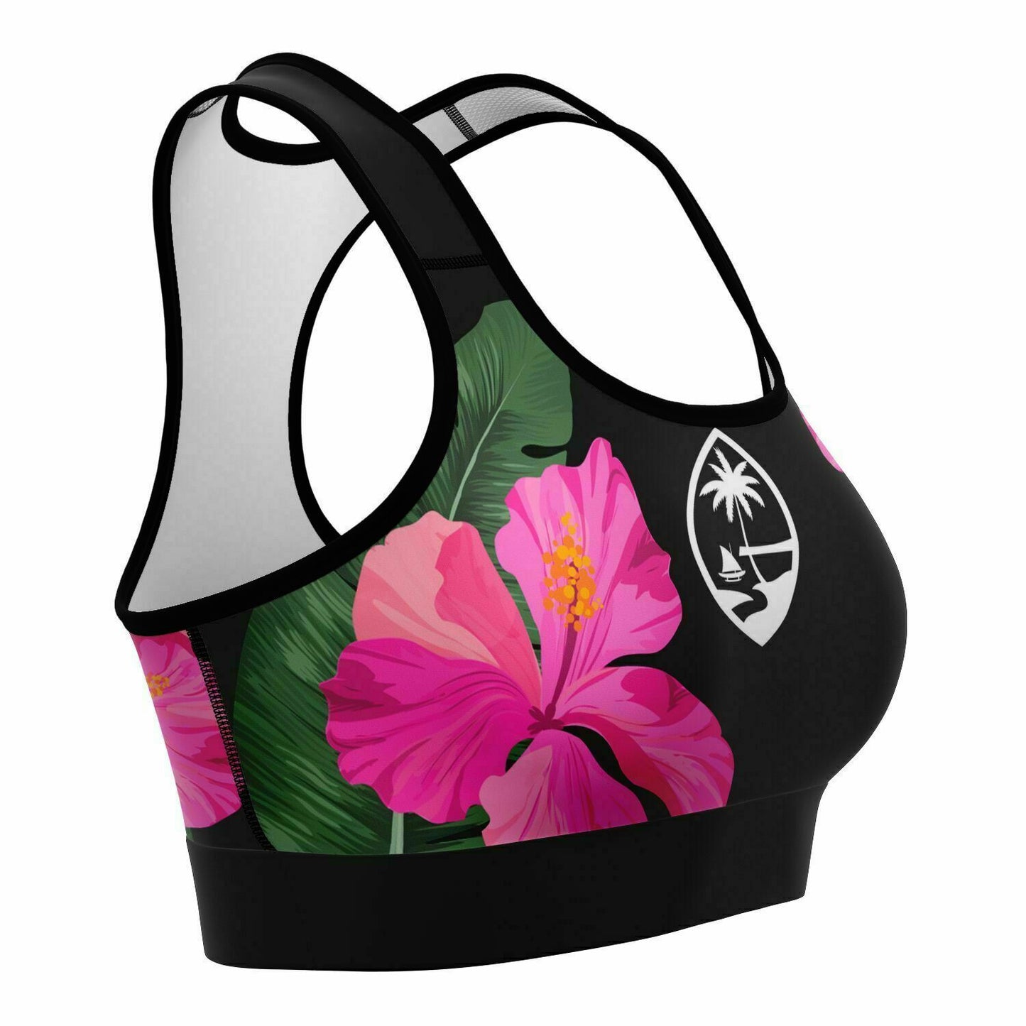 Guam Pink Black Hibiscus Paradise Sports Bra