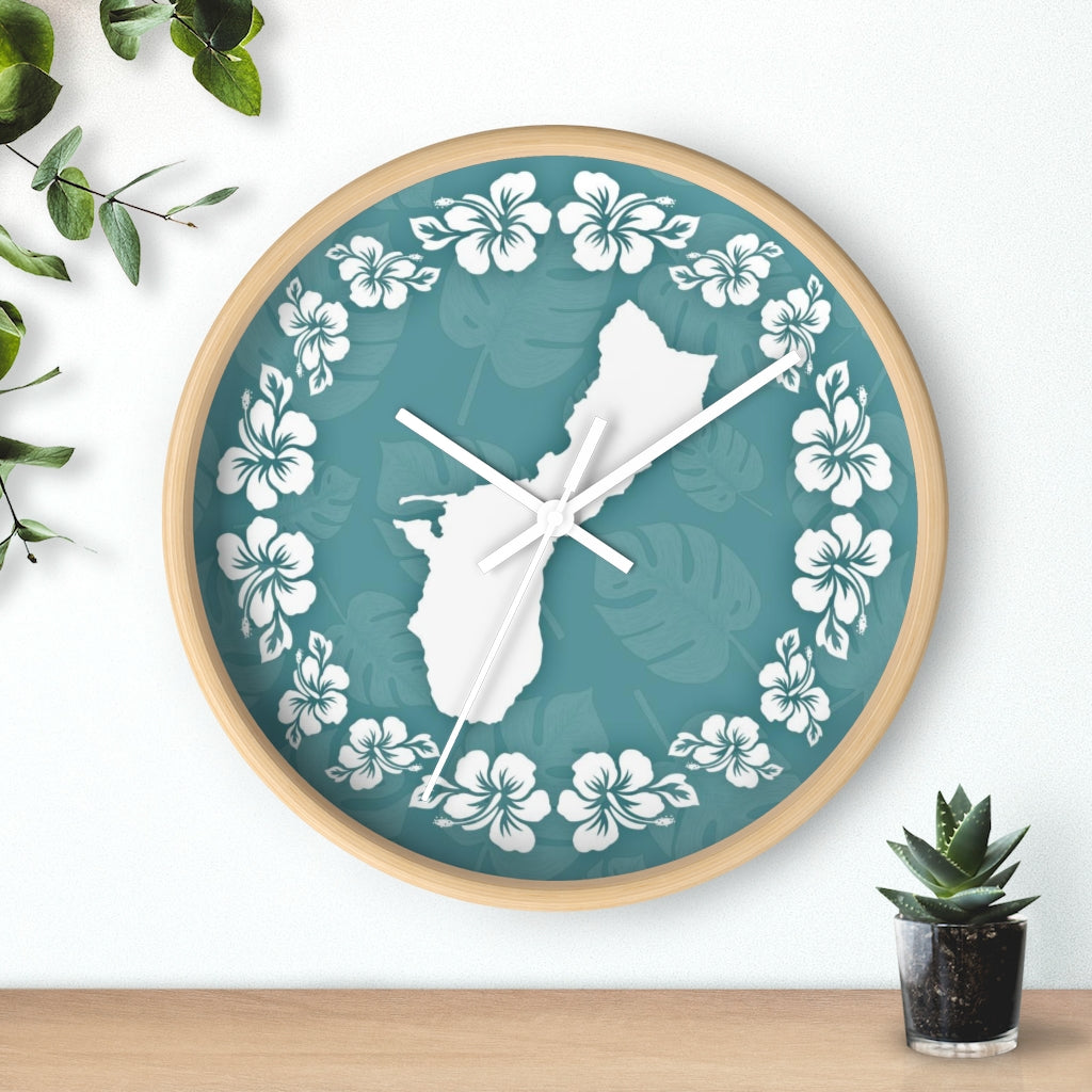 Guam Shape Teal Hibiscus Wall Clock