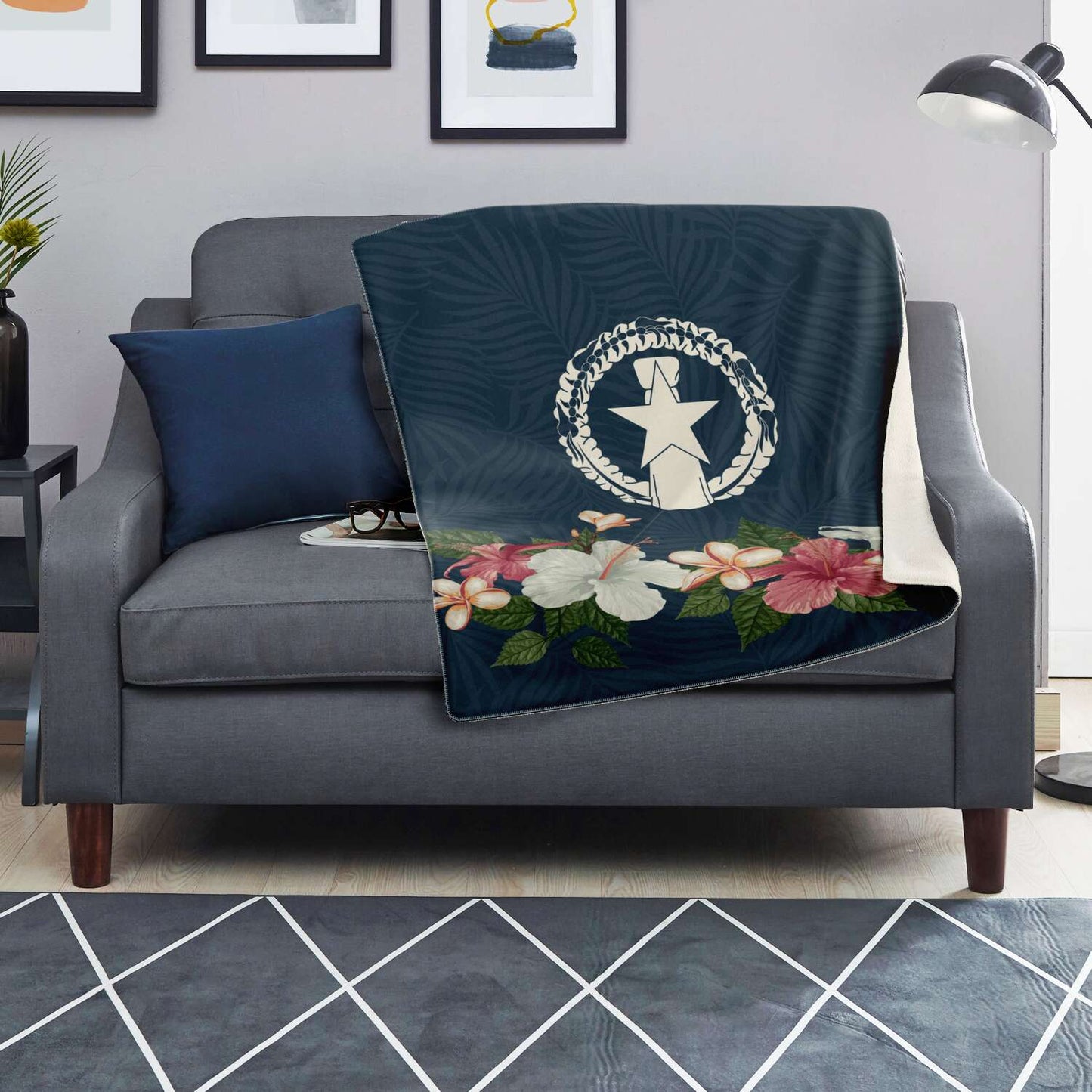 CNMI Seal Vintage Hibiscus Microfleece Blanket