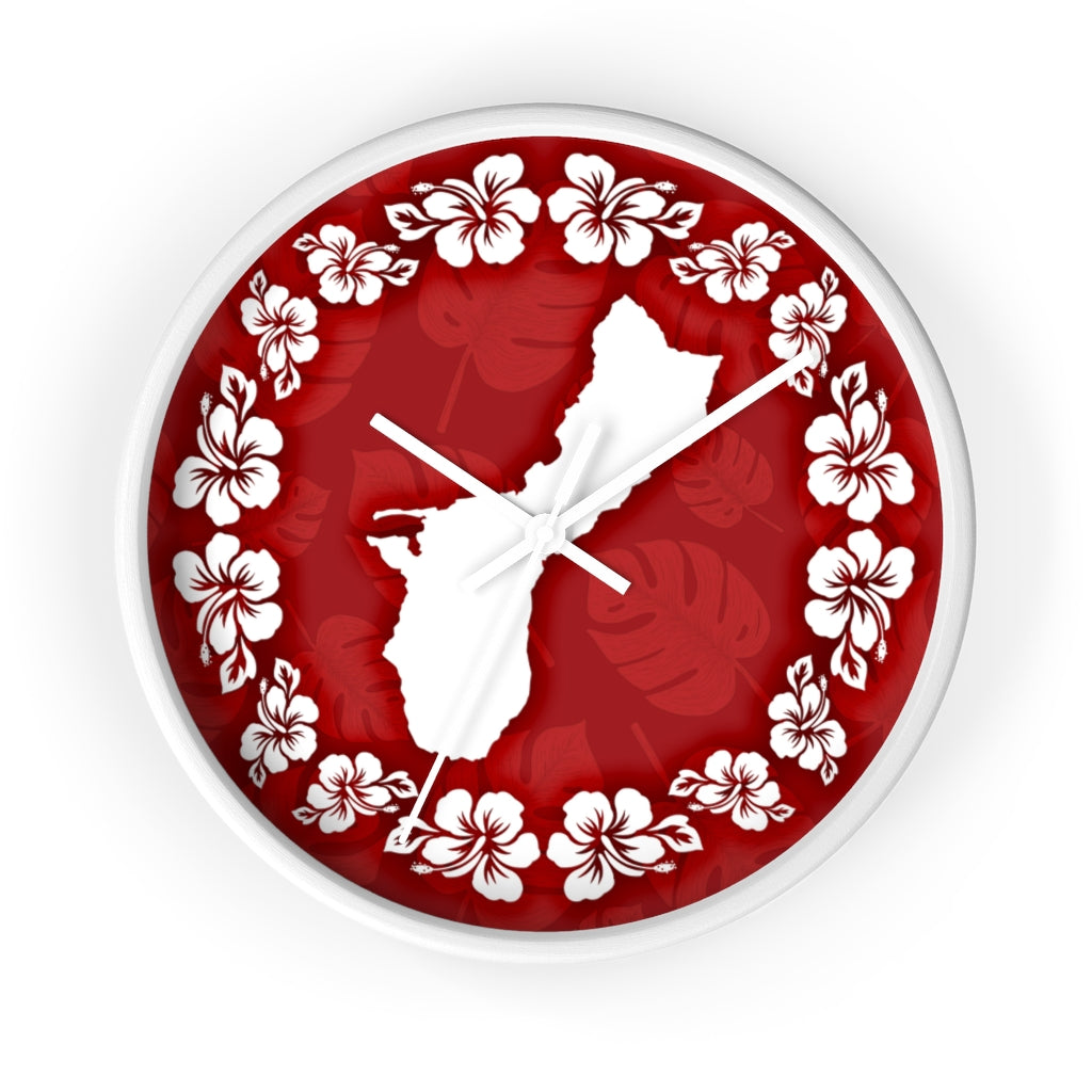 Guam Shape Red Hibiscus Wall Clock