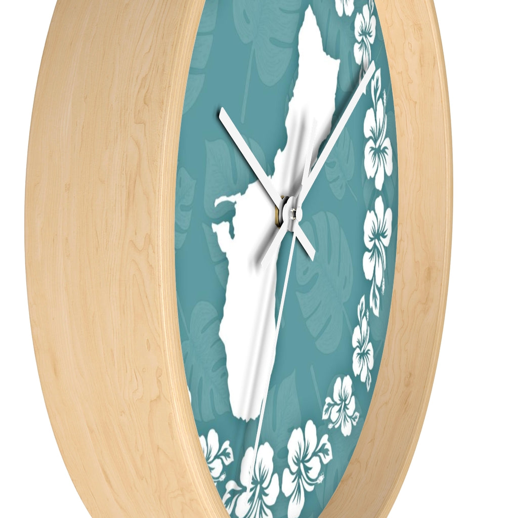 Guam Shape Teal Hibiscus Wall Clock