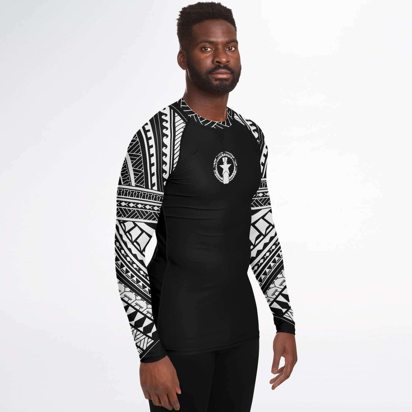 CNMI Tribal Men's Black White Rashguard