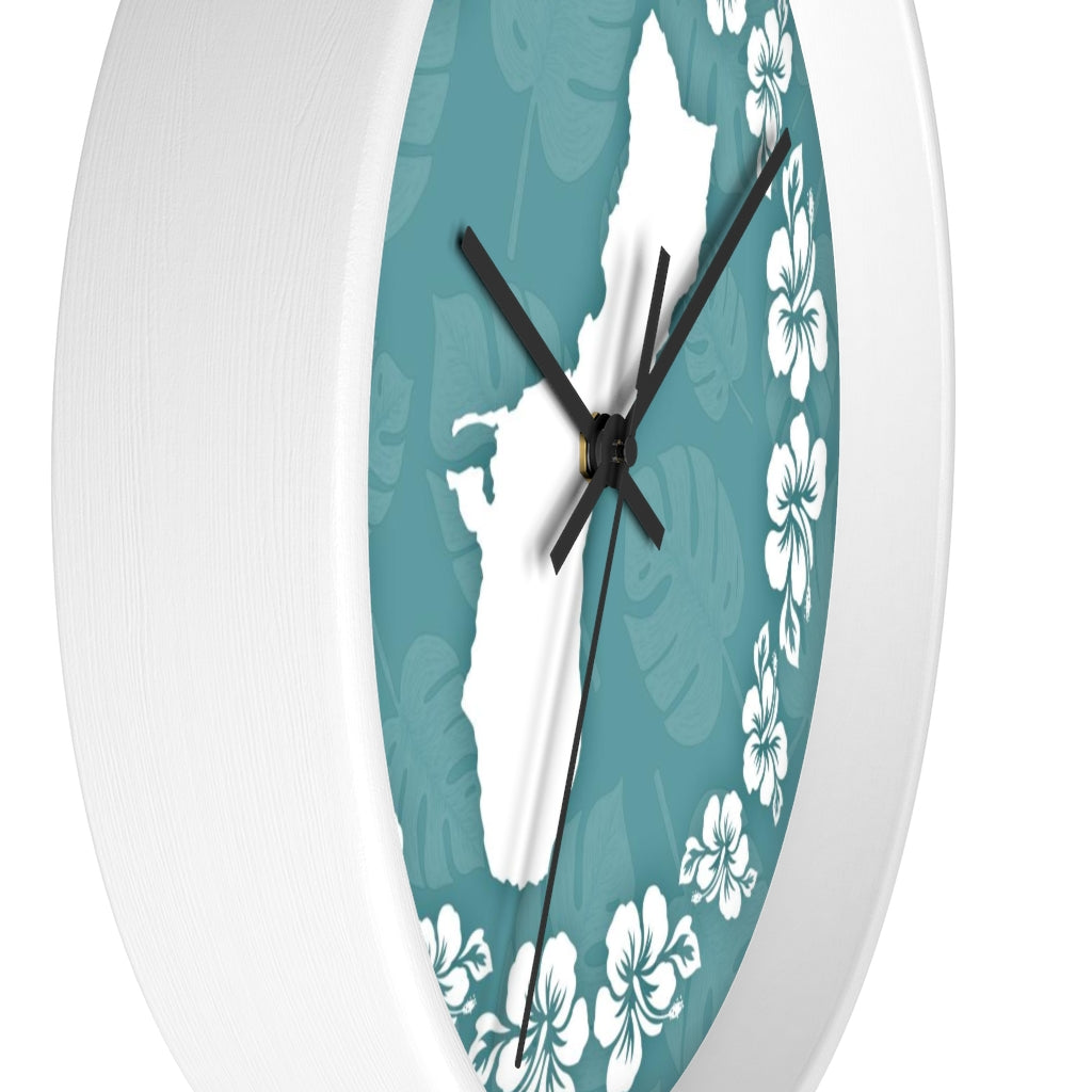 Guam Shape Teal Hibiscus Wall Clock