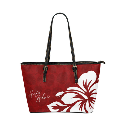 Hafa Adai Guam CNMI Dark Red Hibiscus Large Leather Tote Purse